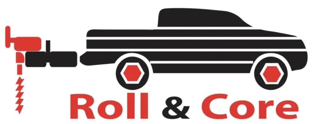 Roll and Core logo with truck and drill icon