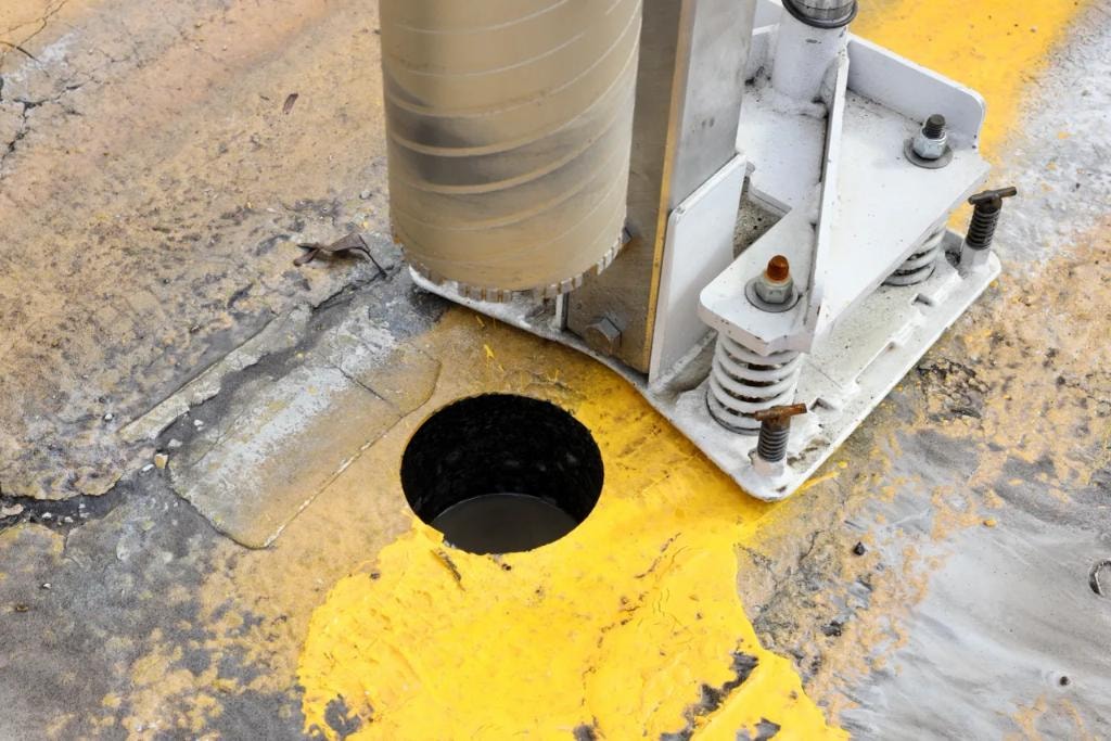 Diamond core drill bit cutting through yellow-painted concrete floor